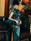 Side view of a woman in a 19 Mome mulberry silk Old Shanghai peony qipao, holding a black clutch, with vintage telephone and furniture in the background, showcasing the satin sheen of the silk fabric.