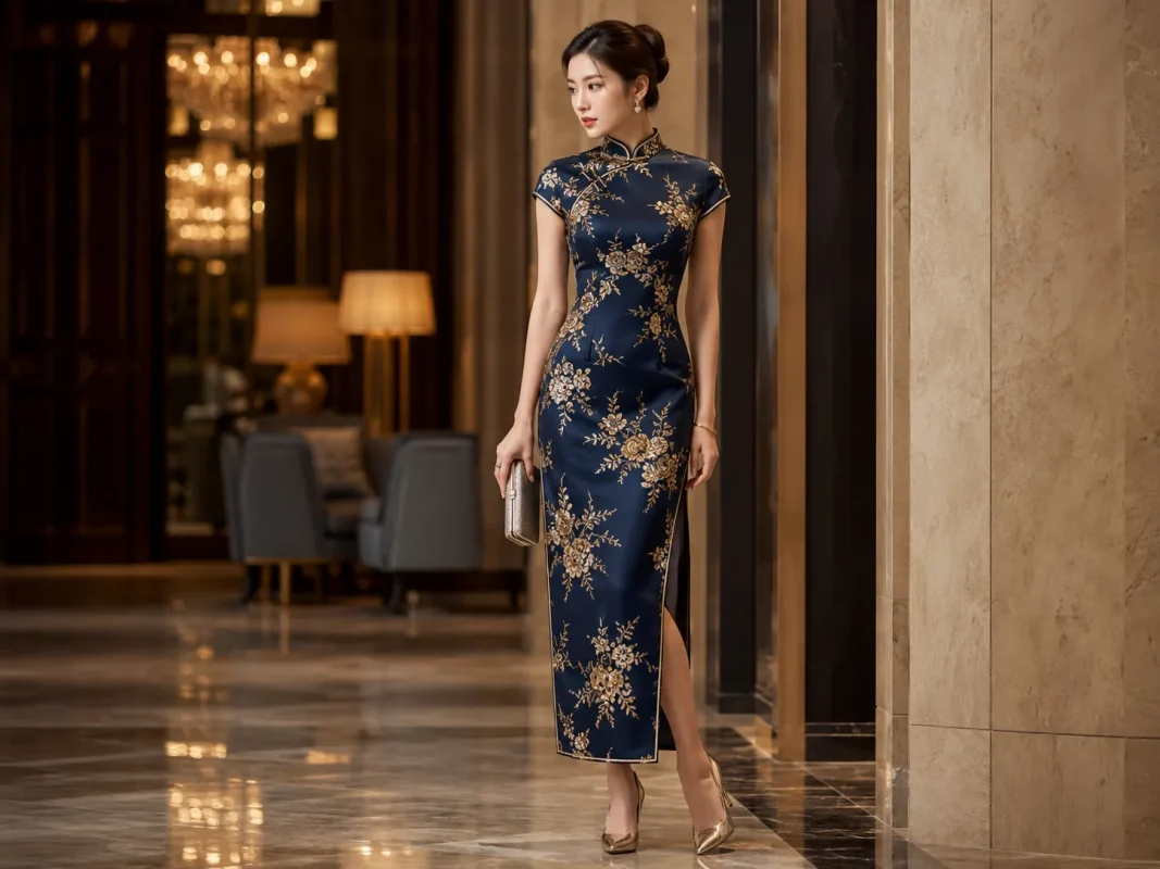 Luxury navy blue gold floral embroidered formal cheongsam with gold pointed toe heels for evening banquet events