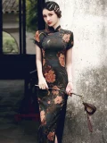 Portrait of a woman leaning against a weathered wall in a high slit cheongsam dress, adorned with a luxurious peony floral print in authentic Old Shanghai vintage style.