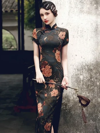 Portrait of a woman leaning against a weathered wall in a high slit cheongsam dress, adorned with a luxurious peony floral print in authentic Old Shanghai vintage style.