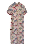 Full view of a retro plus size floral short sleeve cheongsam dress on a white background, showcasing the full silhouette, vibrant print, and traditional details of this classic plus size cheongsam dress.