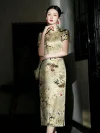 Full-length front view of a premium 19 momme mulberry silk printed midi qipao, featuring a delicate floral pattern, tailored fit, and elegant midi length.
