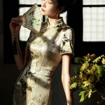 Model wearing a premium 19 momme mulberry silk printed midi qipao, holding a bamboo folding fan by a sunlit window, showcasing the elegant floral print and lustrous satin texture.