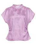 White background flat lay of a purple modern chinese cheongsam shirt, women's water drop collar short sleeve qipao top made of smooth mulberry silk fabric.