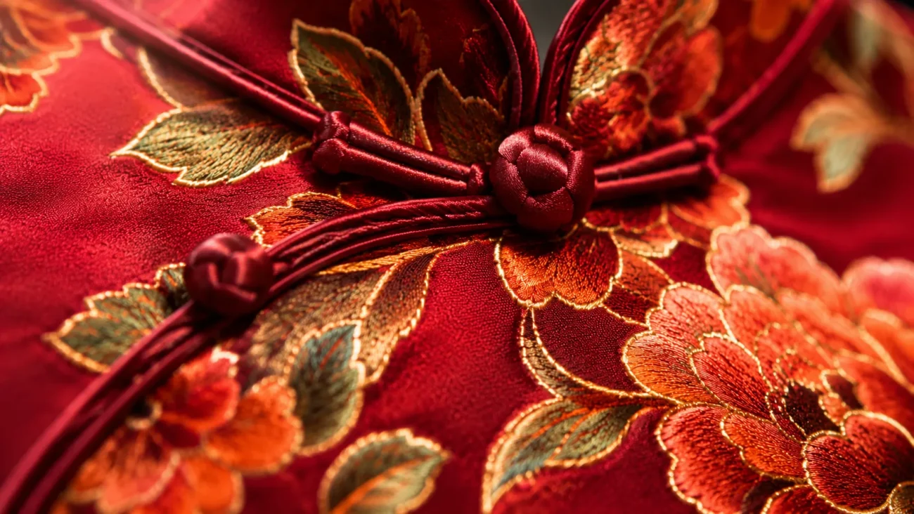 Close-up of a traditional red embroidered silk qipao with handcrafted frog buttons, highlighting delicate craftsmanship that requires checking care labels before cleaning to avoid damage.