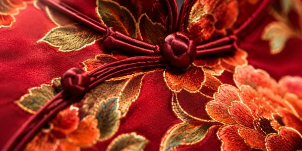 Close-up of a traditional red embroidered silk qipao with handcrafted frog buttons, highlighting delicate craftsmanship that requires checking care labels before cleaning to avoid damage.