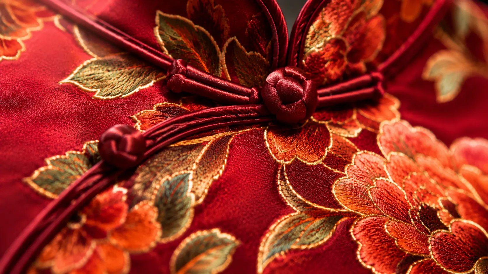 Close-up of a traditional red embroidered silk qipao with handcrafted frog buttons, highlighting delicate craftsmanship that requires checking care labels before cleaning to avoid damage.