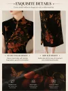 Exquisite details of a modern Chinese qipao dress, including the classic stand collar with handcrafted frog buttons, subtle side slit, and premium silk fabric with elegant nature inspired print.