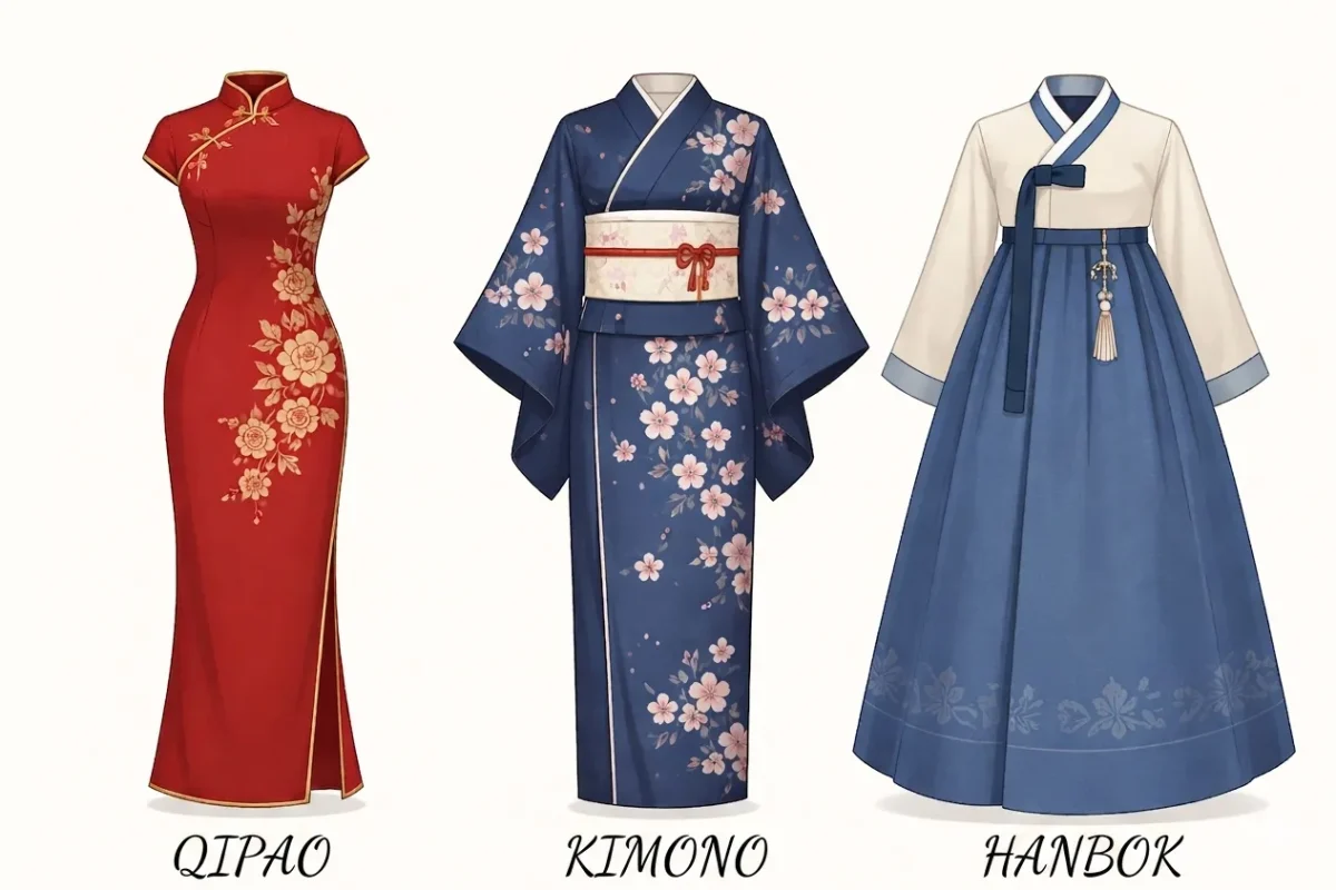Visual comparison of three traditional East Asian dresses a red floral qipao a blue cherry blossom kimono and a blue and white hanbok each labeled to show unique appearance details