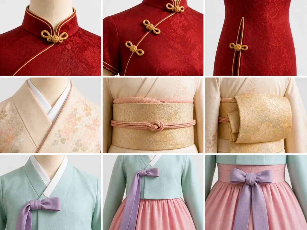 Nine panel collage showcasing detailed views of traditional East Asian clothing top row red qipao frog buttons middle row kimono obi belts and knots bottom row hanbok jeogori bow ties