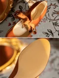Detailed split view of vintage genuine leather qipao shoes, showing the insole branding and non-slip sole of the 1920s ribbon mary jane heels, highlighting quality craftsmanship for everyday and formal wear