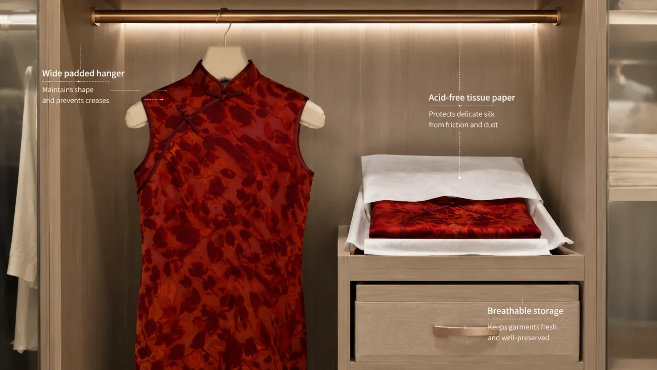 A visual guide showing proper qipao storage methods: a red floral silk qipao hung on a wide padded hanger to maintain its shape, and a folded qipao wrapped in acid-free tissue paper inside a breathable storage box, demonstrating how to prevent mold, yellowing, and fabric damage in a closet.