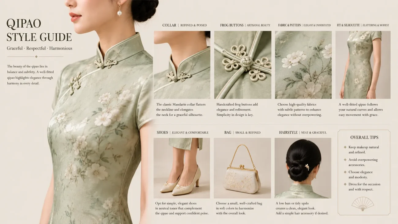 Qipao style guide showing cheongsam design details (collar, frog buttons, fabric) and matching accessories (shoes, bag, hairstyle) for elegant styling.