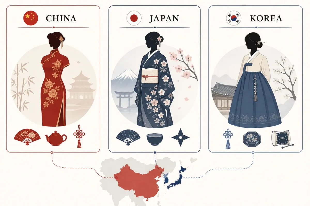 An infographic showing the differences between Chinese qipao Japanese kimono and Korean hanbok with cultural icons and regional map