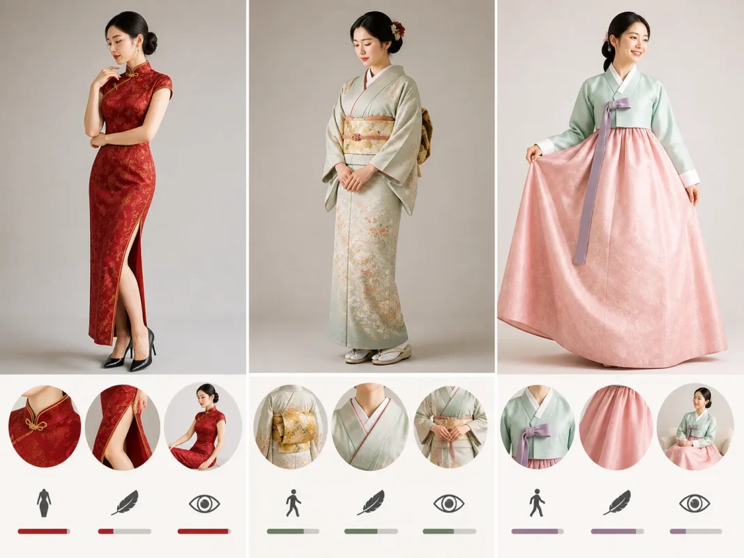 Three panel visual guide comparing women wearing red qipao light green kimono and mint green hanbok with close up shots of each garment’s key design details