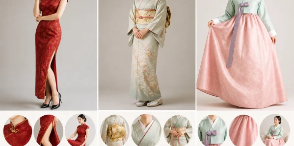 Three panel visual guide comparing women wearing red qipao light green kimono and mint green hanbok with close up shots of each garment’s key design details