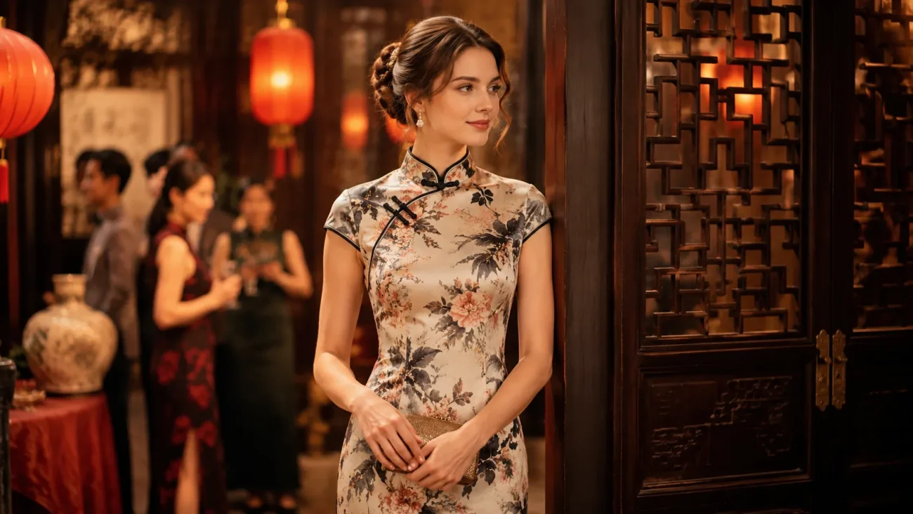 White woman respectfully wearing a traditional qipao at a formal Chinese banquet