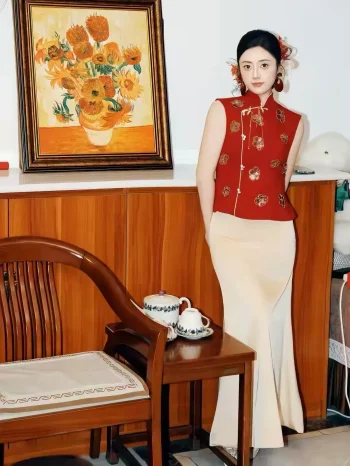 2 Piece Red and Gold Qipao - Chinese modern qipao with gold floral sequins on red sleeveless vest, paired with cream satin maxi skirt, posing in cozy home setting with teaware and sunflower painting