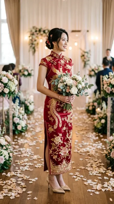 Traditional red dragon phoenix embroidered bridal cheongsam with gold pointed toe heels for Chinese wedding ceremony