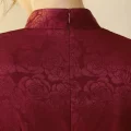 Back view close-up of red rose print cheongsam prom dress, showing the hidden back zipper, smooth jacquard fabric, and intricate rose pattern on this women's retro long cheongsam.