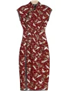 Plain white background product shot of a modern red crane print cotton short cheongsam dress, displaying the full intricate crane and wave pattern, mandarin collar, and side slit design.