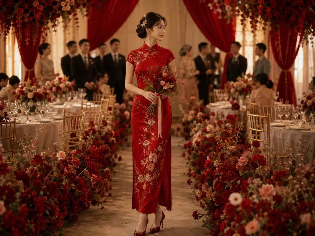 Elegant red floral embroidered bridal cheongsam qipao with red heels for Chinese wedding banquet ceremony