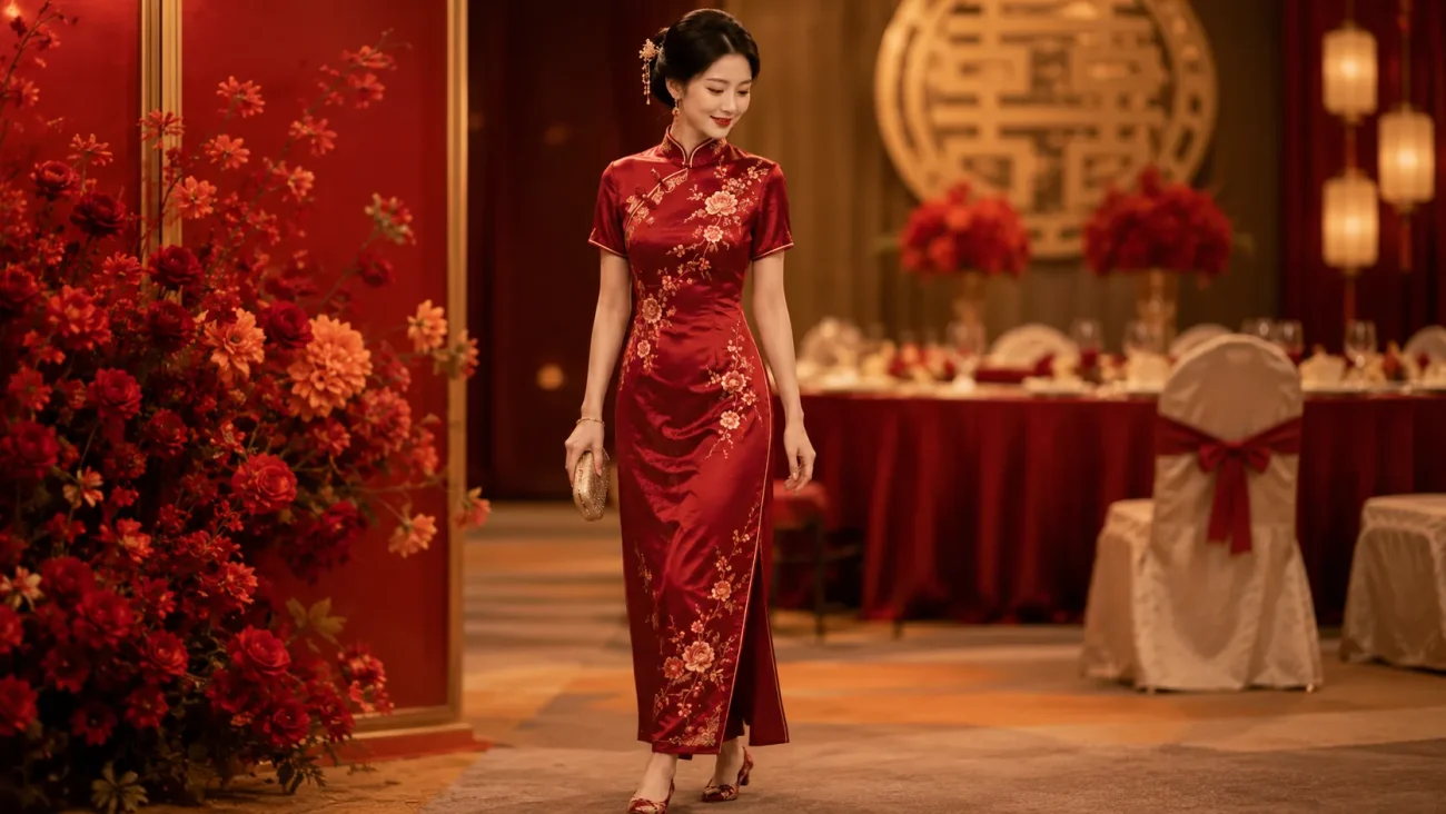 Elegant Chinese bride wearing a luxurious red silk qipao with delicate pink floral embroidery, walking in a warm-lit traditional Chinese wedding banquet hall decorated with red flowers, double happiness symbol, and elegant table settings, showcasing the classic beauty of bridal cheongsam for Chinese weddings.