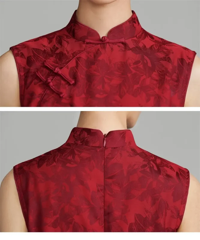 Close-up detail shot of red floral jacquard qipao dress, focusing on the mandarin collar, traditional front frog buttons, and hidden back zipper closure on this vintage chinese cheongsam.