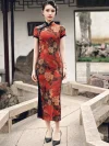 Full front view of a woman wearing a red floral vintage silk qipao dress with peony print, standing on a traditional Chinese stone bridge, showcasing the slim fit and elegant silhouette.
