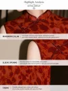 Red Modern Style Jacquard Sleeveless Cheongsam Dress - Detail display of the cheongsam's key features, including the mandarin collar with delicate piping, smooth sleeveless armholes, and textured jacquard fabric, highlighting quality craftsmanship and modern design.