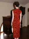 Red Modern Style Jacquard Sleeveless Cheongsam Dress - Back view full-body shot of a woman in a red jacquard cheongsam, standing in a classic vintage interior. The sleeveless qipao features a clean back design with center zipper, showcasing the intricate jacquard pattern and form-fitting silhouette.