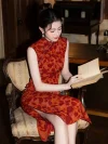 Red Modern Style Jacquard Sleeveless Cheongsam Dress - Woman sitting on a vintage upholstered armchair reading a book, wearing a red jacquard cheongsam with deep floral motifs. The sleeveless qipao features a form-fitting silhouette, side slit, and elegant mandarin collar, creating a retro literary aesthetic.