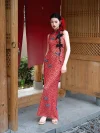 Red Lace Cheongsam, woman in red lace chinese cheongsam dress standing by traditional wooden door, sleeveless slim fit qipao with blue frog buttons, modern chinese fashion style