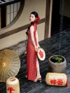 Red Lace Chinese Slim Fit Cheongsam Dress, back view of woman in red lace cheongsam holding double happiness fan, turning back in traditional Chinese courtyard, sleeveless qipao for wedding