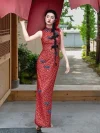 Red Lace Chinese Slim Fit Cheongsam Dress, woman in elegant sleeveless red lace cheongsam with blue frog buttons lifting red curtain in traditional Chinese courtyard, form-fitting qipao for photoshoot or wedding