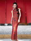 Red Lace Chinese Slim Fit Cheongsam Dress, full body shot of woman in form-fitting red lace cheongsam with blue frog buttons standing in front of red curtains, elegant sleeveless qipao for traditional events