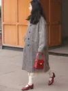Red Margarita 1920s vintage schoolgirl leather Qipao shoes styled with a retro check wool coat, versatile for cheongsam or vintage-inspired daily outfits.