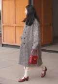 Red Margarita 1920s vintage schoolgirl leather Qipao shoes styled with a retro check wool coat, versatile for cheongsam or vintage-inspired daily outfits.