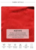 Fabric detail card for the modern red midi qipao, showcasing the soft, breathable acetate material with care instructions, emphasizing the comfortable, high-quality fabric of this red qipao.