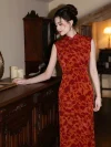 Red Modern Style Jacquard Sleeveless Cheongsam Dress - Side view of a woman standing in a classic vintage interior, wearing a red jacquard cheongsam with abstract floral patterns. The sleeveless qipao features a high mandarin collar, diagonal frog buttons, and textured jacquard fabric, blending traditional craftsmanship with modern style.