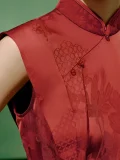 Side view close-up of the mandarin collar and traditional frog buttons on a red modern mandarin collar cheongsam top, highlighting the elegant silhouette of this jacquard fabric cheongsam top.