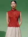 Full front view of a model wearing a red modern mandarin collar cheongsam top, a women's red chinese slim fit jacquard cheongsam top, showcasing the elegant tailored silhouette.