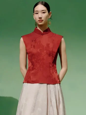 Full front view of a model wearing a red modern mandarin collar cheongsam top, a women's red chinese slim fit jacquard cheongsam top, showcasing the elegant tailored silhouette.