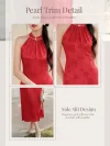 Details collage of women's red mulberry silk halter neck midi qipao dress, showcasing the pearl-trimmed mandarin collar, subtle floral jacquard mulberry silk fabric, and side slit design of this modern wedding cheongsam