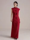 Women's Red Qipao Dress - Side view of modified chinese qipao dress with 3D floral appliques and mandarin collar, form-fitting sleeveless maxi style for modern women's qipao dress