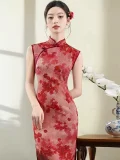 Model wearing the Red Sleeveless Midi Cheongsam Dress, a women's chinese red floral pattern cheongsam, showcasing the classic mandarin collar, traditional frog buttons, and elegant form-fitting silhouette of this sleeveless cheongsam dress in soft natural light, with subtle floral print details highlighted against a minimalist background.