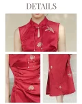 Details collage of women's red modern wedding cheongsam dress, showcasing the teardrop mandarin collar with tassels, ruched waist, and golden floral & butterfly embroidery on this sleeveless summer qipao