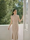 Retro Hong Kong cotton linen blend qipao dress, woman in red polka dot cap sleeve qipao on balcony with green trees, midcentury fashion for daily wear