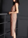 Side View of Contemporary Chinese Caramel Jacquard Midi Qipao - Sleeveless Qipao Dress with Side Slit, Modern Female Qipao Fashion Profile Shot