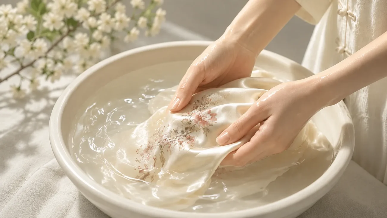 Hands gently washing a delicate floral-embroidered silk qipao in a bowl of cold water, demonstrating the proper home care method to protect fabric sheen and prevent damage during cleaning.